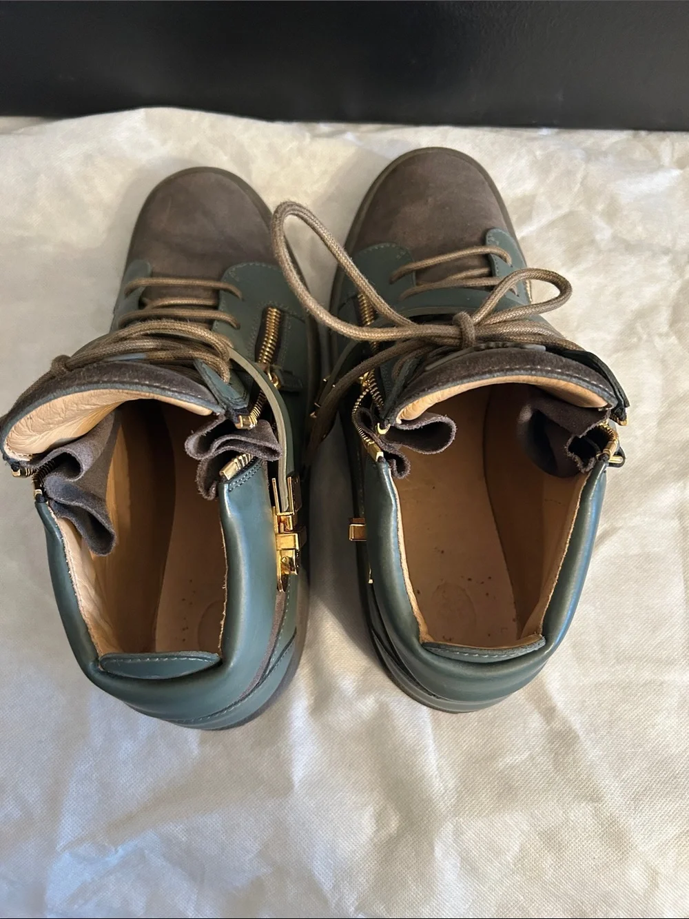 Giuseppe Zanotti Brown and Olive High-Top Sneakers with Gold Hardware